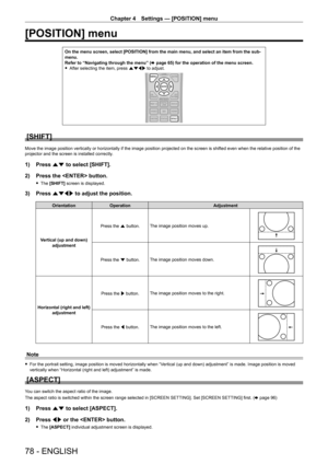 Page 78Chapter 4 Settings — [POSITION] menu
78 - ENGLISH
[POSITION] menu
On the menu screen, select [POSITION] from the main menu, and select an \
item from the sub-
menu.
Refer to “Navigating through the menu” (x
  page   65) for the operation of the menu screen.
 fAfter selecting the item, press 

asqw to adjust.
[SHIFT]
Move the image position vertically or horizontally if the image position projected on the screen is shifted even when the relative position of the 
projector and the screen is installed...