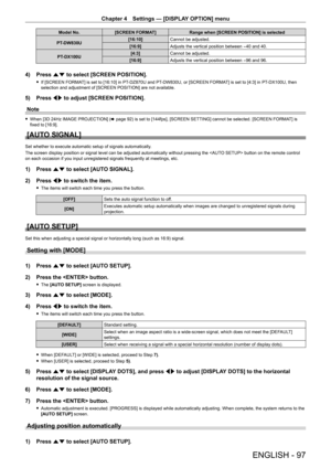 Page 97Chapter 4 Settings — [DISPLAY OPTION] menu
ENGLISH - 97
Model No.[SCREEN FORMAT] Range when [SCREEN POSITION] is selected
PT
-
 DW830U [16:10]
Cannot be adjusted.
[16:9] Adjusts the vertical position between 
-40 and 40.
PT
-

DX100U [4:3]
Cannot be adjusted.
[16:9] Adjusts the vertical position between 
-96 and 96.
4) Press as to select [SCREEN POSITION].
 fIf [SCREEN FORMA T] is set to [16:10] in PT- DZ870U and PT- DW830U, or [SCREEN FORMAT] is set to [4:3] in PT- DX100U, then 
selection and adjustment...