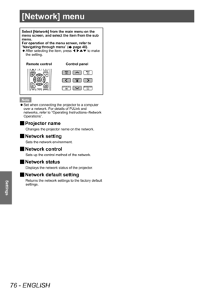 Page 76[Network] menu
76 - ENGLISH
Settings
[Network] menu
Select [Network] from the main menu on the 
menu screen, and select the item from the sub 
menu.
For operation of the menu screen, refer to 
“Navigating through menu” (
 page 40).
 zAfter selecting the item, press 
◀▶▲▼ to make 
the setting.
Control panel
Remote control
Note
 z Set when connecting the projector to a computer 
over a network. For details of PJLink and 
networks, refer to “Operating Instructions–Network 
Operations”.
■
■ Projector name...