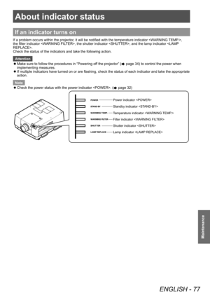 Page 77About indicator status
ENGLISH - 77
Maintenance
About indicator status
If an indicator turns on
If a problem occurs within the projector, it will be notified with the temperature indicator , 
the filter indicator , the shutter indicator , and the lamp indicator .
Check the status of the indicators and take the following action.Attention
 z Make sure to follow the procedures in “Powering of

f the projector” (
 page 34) to control the power when 
implementing measures.
 z If multiple indicators have...