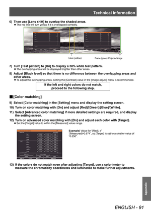 Page 91Technical Information
ENGLISH - 91
Appendix
6) Then use [Lens shift] to overlap the shaded areas.
■zThe red line will turn yellow if it is overlapped correctly .
Line (yellow)Frame (green): Pro\jje\fted image
E\bit
Edge blending
On
On All
Left
Right
Top
Bottom
Bla\fk level
Test pattern
Menu off Start
Width
Start
Width
Start
Width
Start
Width
All
Reset Ba\fk
Ne\bt
Move
Ba\fk E\bit
Edge blending
On
On All
Left
Right
Top
Bottom
Bla\fk level
Test pattern
Menu off Start
Width
Start
Width
Start
Width
Start...