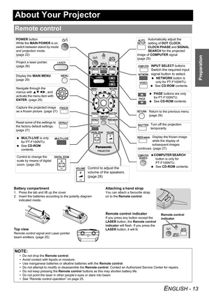 Page 13ENGLISH - 13
Preparation
About Your Projector
Battery compartment
1. Press the tab and lift up the cover.
2. Insert the batteries according to the polarity diagram 
indicated inside.
To p  v i e w
Remote control signal and Laser pointer 
beam emitters. (page 25)
Attaching a hand strap
You can attach a favourite strap 
on to the Remote control.
Remote control indicator
If you press any button except the 
LASER button, the Remote control 
indicator will flash. If you press the 
LASER button, it will lit....