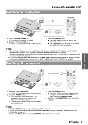 Page 21Basic Operation
Switching the projector on/off
ENGLISH - 21
1. Switch the MAIN POWER on.
 The power indicator lights up in RED.
2. Open the Front panel cover.
 This is not necessary in Remote control operation.
3. Press the POWER button.
 The power indicator lights up in GREEN after 
flashing for a while.
 The STARTUP LOGO is displayed on the screen. 
See “STARTUP LOGO” on page 34.
1. Open the Front panel cover.
 This is not necessary in Remote control operation.
2. Press the POWER button.
 The...