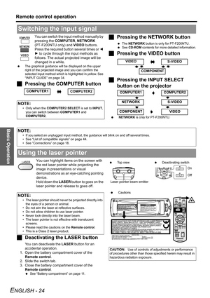 Page 24Basic Operation
Remote control operation
ENGLISH - 24
You can switch the input method manually by 
pressing the COMPUTER, NETWORK 
(PT-F200NTU only) and VIDEO buttons. 
Press the required button several times or I 
H to cycle through the input methods as 
follows. The actual projected image will be 
changed in a while.
 The graphical guidance will be displayed on the upper 
right of the projected image and you can confirm the 
selected input method which is highlighted in yellow. See 
“INPUT GUIDE” on...