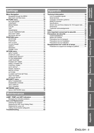 Page 5Preparation Getting Started Basic Operation Settings Maintenance Appendix
ENGLISH - 5
Important 
Infomation
Menu Navigation .......................................................27
Navigating through the MENU ........................................ 27
Main menu and Sub-menu.............................................. 28
PICTURE menu ..........................................................30
PICTURE MODE ............................................................ 30
CONTRAST...