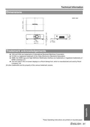 Page 51Technical Information
ENGLISH - 51
Appendix
 VGA and XGA are trademarks of International Business Machines Corporation.
 S-VGA is a registered trademark of the Video Electronics Standards Association.
 HDMI, the HDMI logo and High-Definition Multimedia Interface are trademarks or registered trademarks of 
HDMI Licensing LLC.
 The font used in the on-screen displays is a Ricoh bitmap font, which is manufactured and sold by Ricoh 
Company, Ltd. 
All other trademarks are the property of the various...