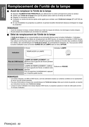 Page 60Imformation 
Importante
FRANÇAIS - 60
Remplacement de lunité de la lampe
JAvant de remplacer le lUnité de la lampe
 Eteindre lALIMENTATION PRINCIPALE puis débrancher le cordon principal de la prise du secteur.
 Vérifier que lUnité de la lampe ainsi que les pièces autour aient eu le temps de refroidir.
 Préparer un tournevis cruciforme.
 Contacter un centre de service aprés-vente agréé pour acheter une LUnité de la lampe (ET-LAF100) de 
rechange.
 En cas dinstallation du projecteur au plafond, ne jamais...