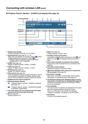 Page 16
16

PCSearch Setting 
Current setting  [Single] - [S-MAP] 
Select access port 
Standby Live Mode 
Update 
Close Connect Connectability 

n  Window – [S-MAP] (List display) (See page 18)
A  Setting menu display
    Choose to display or hide the B to F buttons
B Access Devices (See page 35, 41, 43)
      When only one projector is connected, select []. When multiple projectors are connected, select [].   ※  Multiple projectors [(Multiple projectors icon)] are available when “1-4/U” is selected.
C  S-MAP...