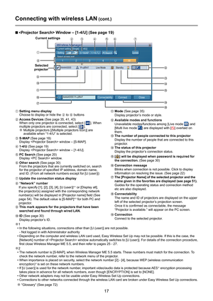 Page 17
17

PCSearch Setting 
Current setting  [Single] - [1-4/U] 
Select access port 
Standby Live Mode 
Update 
Close Connect Connectability 
All 

n  Window – [1-4/U] (See page 19)
A  Setting menu display
    Choose to display or hide the B to F buttons
B Access Devices (See page 35, 41, 43)
      When only one projector is connected, select []. When multiple projectors are connected, select [].   ※  Multiple projectors [(Multiple projectors icon)] are available when “1-4/U” is selected.
C  S-MAP (See page...