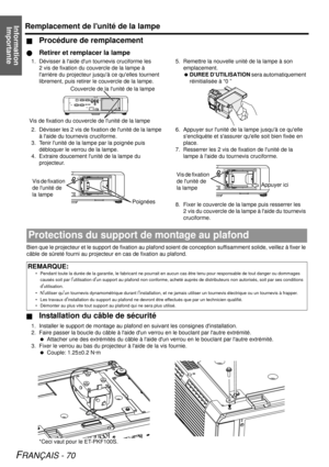 Page 70Information ImportanteRemplacement de lunité de la lampe
FRANÇAIS - 70
JProcédure de remplacement
QRetirer et remplacer la lampe
1. Dévisser à laide dun tournevis cruciforme les 
2 vis de fixation du couvercle de la lampe à 
larrière du projecteur jusquà ce quelles tournent 
librement, puis retirer le  couvercle de la lampe.
2. Dévisser les 2 vis de fixa tion de lunité de la lampe 
à laide du tournevis cruciforme.
3. Tenir lunité de la lampe par la poignée puis  débloquer le verrou de la lampe.
4....