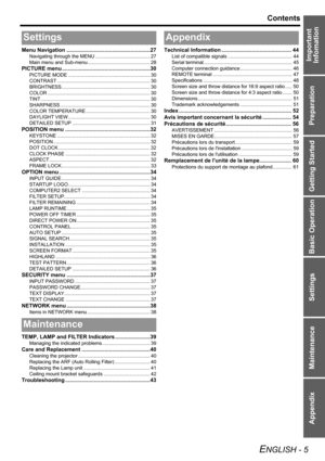 Page 5
Preparation
Getting Started
Basic Operation
Settings
Maintenance
Appendix
ENGLISH - 5
Contents
Important 
Infomation
Menu Navigation .......................................................27
Navigating through the MENU . ....................................... 27
Main menu and Sub-menu.............................................. 28
PICTURE menu ..........................................................30
PICTURE MODE ............................................................ 30
CONTRAST...