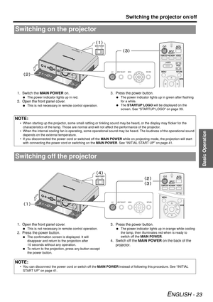 Page 23Basic Operation
Switching the projector on/off
ENGLISH - 23
1. Switch the MAIN POWER on.
 The power indicator lights up in red.
2. Open the front panel cover.
 This is not necessary in remote control operation.
3. Press the power button.
 The power indicator lights up in green after flashing 
for a while.
  The  STARTUP LOGO  will be displayed on the 
screen. See “STARTUP LOGO” on page 39.
1. Open the front panel cover.
  This is not necessary in remote control operation.
2. Press the power button.
 The...