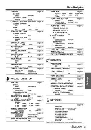 Page 31Menu Navigation
ENGLISH - 31
Settings
 PROJECTOR SETUP SECURITY
 NETWORK
DVI-D IN
page 38
DVI EDID
EDID1EDID2(PC)
DVI SIGNAL LEVEL
0-255:PC16-235
CLOSED CAPTION SETTINGpage 38
CLOSED CAPTION
OFFON
MODE
CC1 CC2 CC3 CC4
SCREEN SETTING page 38
SCREEN FORMAT
16:1016:9
SCREEN POSITION
CENTERLOW
HIGH
STARTUP LOGO page 39
ONOFF USER
AUTO SETUPpage 39
AUTOBUTTON
SIGNAL SEARCHpage 39
ONOFF
BACK COLORpage 39
BLUEBLACK
WIDE MODEpage 39
AUTOOFF
ON
SXGA MODE page 39
SXGASXGA+
OTHER FUNCTIONSpage 40
AUTO SETUP FREEZE...