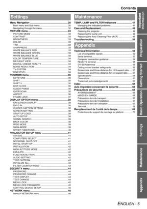 Page 5Preparation
Getting Started
Basic Operation
Settings
Maintenance
Appendix
ENGLISH - 5
Contents
Important 
Information
Menu Navigation .......................................................30
Main menu and Sub-menu.............................................. 30
Navigating through the menu ... ....................................... 32
PICTURE menu ..........................................................33
PICTURE MODE ............................................................ 33
CONTRAST...