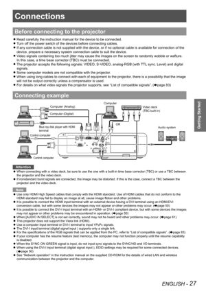 Page 27ENGLISH - 27
Getting Started
Connections
Before connecting to the projector
Read carefully the instruction manual for the device to be connected. 
z
Turn off the power switch of the devices before connecting cables. 
z
If any connection cable is not supplied with the device, or if no option\
al cable is available for connection of the  
z
device, prepare a necessary system connection cable to suit the device.
Video signals containing too much jitter may cause the images on the scre\
en to randomly wobble...