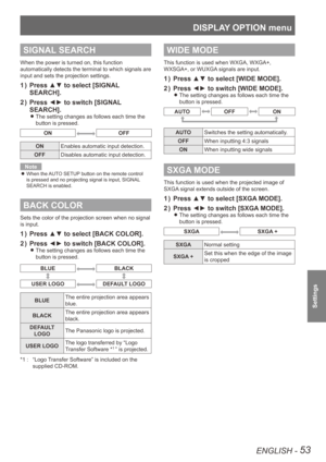 Page 53DISPLAY OPTION menu
ENGLISH - 53
Settings
SIGNAL SEARCH
When the power is turned on, this function 
automatically detects the terminal to which signals are 
input and sets the projection settings.
Press ▲▼ to select [SIGNAL 
1  ) 
SEARCH].
Press ◄► to switch [SIGNAL 
2  ) 
SEARCH].
The setting changes as follows each time the  
z
button is pressed.
ONOFF
ON Enables automatic input detection.
OFF Disables automatic input detection.
Note
When the AUTO SETUP button on the remote control 
 
z
is pressed and...