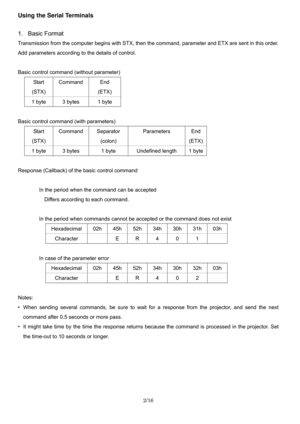 Page 2
2/16 
 
Using the Serial Terminals 
 
1. Basic Format 
Transmission from the computer begins  with STX, then the command, parameter and ETX are sent in this order. 
Add parameters according to  the details of control. 
 
Basic control command (without parameter) 
Start  
(STX)  Command End 
(ETX) 
1 byte  3 bytes  1 byte 
 
Basic control command (with parameters) 
Start  
(STX)  Command Separator 
(colon)  Parameters End 
(ETX)
1 byte  3 bytes  1 byte  Undefined length  1 byte
 
Response (Callback) of...