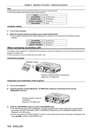 Page 108Chapter 5 Operation of Function — Network connections
108 - ENGLISH
Note
 
f Please confirm with your network administrator before you connect to an existing network.
 
f The following settings are set before the projector leaves the factory.
[DHCP]
OFF
[IP ADDRESS] 192.168.10.100
[SUBNET MASK] 255.255.255.0
[DEFAULT GATEWAY] 192.168.10.1
[DNS1]/[DNS2] NONE
Computer setting
1)  Turn on the computer.
2)  Make the network setting according to your system administrator.
 
f If the projector settings are the...