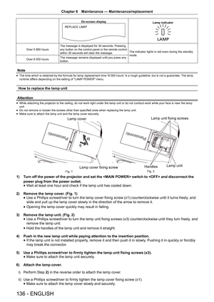 Page 136Chapter 6 Maintenance — Maintenance/replacement
136 - ENGLISH
On-screen display
REPLACE LAMP
Lamp indicator 
Over 5 800 hours The message is displayed for 30 seconds. Pressing 
any button on the control panel or the remote control 
within 30 seconds will clear the message.
The indicator lights in red even during the standby 
mode.
Over 6 000 hours The message remains displayed until you press any 
button.
Note
 
f The time which is obtained by the formula for lamp replacement time “6 000 hours” is a...