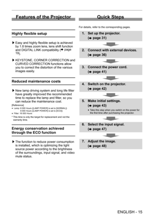 Page 15 
ENGLISH - 15
Features of the Projector
Highly flexible setup
 
/£ Easy and highly flexible setup is achieved 
by 1.8 times zoom lens, lens shift function 
and DIGITAL LINK compatibility ( x page 
19 ). 
 
/£ KEYSTONE, CORNER CORRECTION and 
CURVED CORRECTION functions allow 
you to correct the distortion of the various 
images easily.
Reduced maintenance costs
 
/£ New lamp driving system and long life filter 
have greatly improved the recommended 
time to replace the lamp and filter, so you 
can...