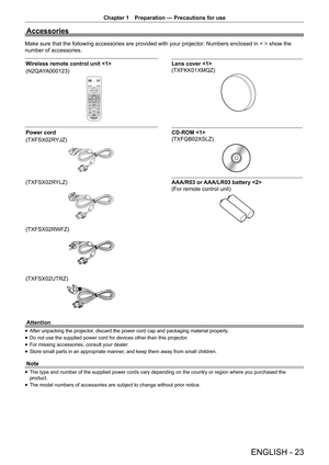 Page 23Chapter 1 Preparation — Precautions for use
ENGLISH - 23
Accessories
Make sure that the following accessories are provided with your projector
. Numbers enclosed in < > show the 
number of accessories.
Wireless remote control unit 
(N2QAYA000123)
                                      
Lens cover 
(TXFKK01XMQZ)
Power cord 
(TXFSX02RYJZ)CD-ROM 
(TXFQB02XSLZ)
(TXFSX02RYLZ)AAA/R03 or AAA/LR03 battery 
(For remote control unit)
(TXFSX02RWFZ)
(TXFSX02UTRZ)
Attention
 
f After unpacking the projector, discard...