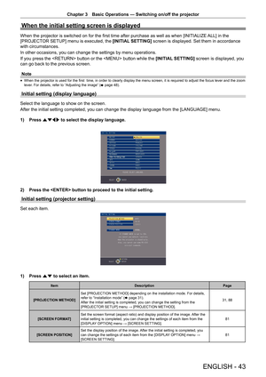 Page 43Chapter 3 Basic Operations — Switching on/off the projector
ENGLISH - 43
When the initial setting screen is displayed
When the projector is switched on for the first time after purchase as well as when [INITIALIZE 
ALL] in the 
[PROJECTOR SETUP] menu is executed, the  [INITIAL SETTING] screen is displayed. Set them in accordance 
with circumstances.
In other occasions, you can change the settings by menu operations.
If you press the  button or the  button while the  [INITIAL SETTING] screen is displayed,...