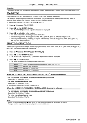 Page 65Chapter 4 Settings — [PICTURE] menu
ENGLISH - 65
Attention
 
f When this is set for an input signal with less noise, the image may look dif
ferent from what it originally was. In such a case, set it to [OFF].
[TV-SYSTEM]
(Only when the  terminal or *1 terminal is selected)
The projector will automatically detect the input signal, but you can se\
t the color system manually when an 
unstable signal is input. Set the color system to match the input signal.
*1  When [COMPUTER1 INPUT SETTING] is set to [Y/C]...