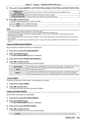 Page 89Chapter 4 Settings — [PROJECTOR SETUP] menu
ENGLISH - 89
5) 
Press as to select [AMBIENT LIGHT DETECTION], [SIGNAL DETECTION] or [AV MUTE DETECTION].
[AMBIENT LIGHT 
DETECTION] Adjusts the power of the lamp according to the brightness of the installation location.
[SIGNAL DETECTION] Lowers the power of the lamp when there is no signal.
[AV MUTE DETECTION] Lowers the power of the lamp when the [AV MUTE] is [ON].
6) Press qw to switch the item.
 
f The items will switch each time you press the button....