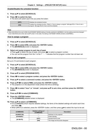 Page 95Chapter 4 Settings — [PROJECTOR SETUP] menu
ENGLISH - 95
Enable/Disable the schedule function
1) 
Press as to select [SCHEDULE].
2)  Press qw to switch the item.
 
f The items will switch each time you press the button.
[OFF]
Disables the schedule function.
[ON] Enables the schedule function. Refer to “How to assign a program” (
x page 95) or “How to set a 
program” (x page 95) for how to set the schedule.
Note
 
f When [SCHEDULE] is set to [ON], the [STANDBY MODE] setting is forcibly switched to...