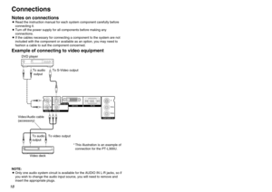 Page 181819
Preparation
Example of connecting to video equipment
DVD player
Video deck
NOTE:
BOnly one audio system circuit is available for the AUDIO IN L-R jacks, so if
you wish to change the audio input source, you will need to remove and
insert the appropriate plugs. 
ConnectionsNotes on connectionsBRead the instruction manual for each system component carefully before
connecting it.
BTurn off the power supply for all components before making any
connections.
BIf the cables necessary for connecting a...