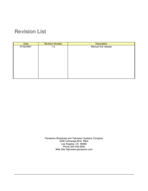 Page 2 Revision List 
 Date Revision Number Description 07/02/2001 1.0 Manual first release                                   
 
 
 
 
 
 
 
 
 
 
 
 
 
 
 
 
 
 
 
 
Panasonic Broadcast and Television Systems Company 
3330 Cahuenga Blvd. West 
Los Angeles, CA  90068 
Phone 323-436-3500  
Web Site http\\www.panasonic.com 
  