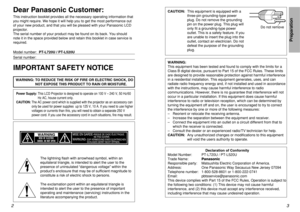Page 223
PreparationPreparation
IMPORTANT SAFETY NOTICEWARNING: 
TO REDUCE THE RISK OF FIRE OR ELECTRIC SHOCK, DO
NOT EXPOSE THIS PRODUCT TO RAIN OR MOISTURE.
Dear Panasonic Customer:This instruction booklet provides all the necessary operating information that
you might require. We hope it will help you to get the most performance out
of your new product, and that you will be pleased with your Panasonic LCD
projector.
The serial number of your product may be found on its back. You should
note it in the space...