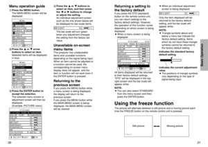 Page 1631
Basic Operation
30
Returning a setting to
the factory defaultIf you press the STD (standard)
button on the remote control unit,
you can return settings to the
factory default settings. However,
the operation of this function varies
depending on which screen is being
displayed.
BWhen a menu screen is being
displayed
All items displayed will be returned
to their factory default settings,
“STD” will be displayed in the top-
right screen and the bar scale will
appear white.
NOTE:
BYou can also select...