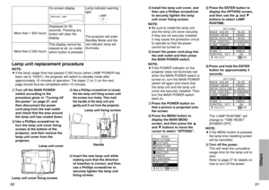 Page 2651
Others
50Lamp unit replacement procedureNOTE:
BIf the lamp usage time has passed 2 000 hours (when LAMP POWER has
been set to “HIGH”), the projector will switch to standby mode after
approximately 10 minutes of operation. The steps )to -on the next
page should thus be completed within 10 minutes.
#Turn off the MAIN POWER
switch according to the
procedure given in “Turning off
the power” on page 27, and
then disconnect the power
cord plug from the wall outlet
and check that the area around
the lamp...