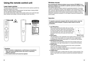 Page 1019
Preparation
18
Wireless mouseBy connecting the optional wireless mouse receiver (ET-RMRC1) to a
personal computer, it is possible to operate a personal computer, using
the remote control unit. 
Connect the optional wireless receiver to a personal computer in the same
manner as connecting a mouse, to the USB port, PS/2 mouse port or ADB
port, using the cable provided with the wireless mouse receiver. (Refer to the
operating instructions of the wireless mouse receiver for details on how to
connect to a...