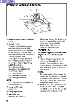 Page 1414
qRemote control signal receptor
(page  21)
w Security lock
This can be used to connect a
commercially-available theft-
prevention cable (manufactured
by Kensington). This security lock
is compatible with the Microsaver
Security System from
Kensington. Contact details for
this company are given below.
Kensington Technology Group
ACCO Brands Inc.
2855 Campus Drive
San Mateo, CA 94403 USA
Tel (650)572-2700
Fax (650)572-9675
http://www.kensington.com/
http://www.gravis.com/
NOTE:
•   Information given...