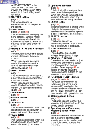 Page 1616
“AUTO KEYSTONE ” in the
OPTION menu to  “OFF ” to
prevent any deterioration of the
picture as a result of keystone
correction.
i SHUTTER button
(page  43)
This button is used to
momentarily turn off the picture
and sound. 
o MENU button
(pages  29 and  31)
This button is used to display the
menu screens. When a menu
screen is being displayed, this
button can be used to return to a
previous screen or to clear the
screen.
!\f Arrow (   and ) buttons
(page  31)
These buttons are used to select
and adjust...