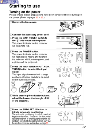 Page 2727
Basic Operation
P O WER
RGB
VIDEOLASER MENU
P A G E
SETUP
A
U TOSHUTTERPOWERAUTO SETUP  INPUTTEMP
LAMPRGB INPUT
ENTER
MENU
ON(G)
STANDBY(R)
Sta
rting to use
T urning on the p ower
Please ensure that all preparations have been completed before turning o\
n
the power. (Refer to pages  22 –  26 .)
w
e
PO WER
RGB
VIDEOLASER MENU
P A G E
SETUP
A
U TOSHUTTERPOWERAUTO SETUP  INPUTTEMP
LAMPRGB INPUT
ENTER
MENU
ON(G)
STANDBY(R)
P
O WER
RGB
VIDEOLASER MENU
P A G E
SETUP
A
U TOSHUTTERPOWERAUTO SETUP  INPUTTEMP...