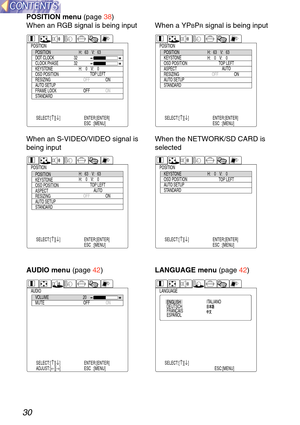 Page 3030
POSITIONPOSITION
DO T CLOCK
CLOCK PHASE
KEYS TONE
OSD POSITION
RESIZING
A U TO SETUP
FRAME LOCK
S TAN DARD H:
   63     V :    63
H:     0     V :     0
32
32
OFF
OFF ON
ON
T
OP LEFT
SELEC T:[
↑][↓]  ENTER:[ENTER]
ESC  :[MENU]
POSITION menu  (page 38)
When an RGB signal is being input  
POSITIONPOSITION
KEYSTONE
OSD POSITION
ASPECT
RESIZING
A U TO SETUP
S TAN DARD H:
   63     V :    63
H:     0     V :     0
OFF   ON
T
OP LEFT
A U TO
SELEC T:[
↑][↓]  ENTER:[ENTER]
ESC  :[MENU]
When a YPBPR signal is...