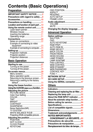 Page 44
Contents (Basic Operations)
Preparation
IMPORTANT SAFETY NOTICE.......... 2
Precautions with regard to safety  .... 6
Accessorie s...................................... 10
Precautions on handlin g................. 11
Location and function of each part  .. .1 3
Using the remote control uni t......... 19
Laser beam pointe r......................... 19
Wireless mous e.............................. 20
Inserting the batterie s..................... 21
Operating rang e.............................. 21...