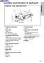 Page 1313
Preparation
Location and function of each pa rt
q Projector control panel
(page  15)
w Focus ring
(page  28)
e Air inlet ports
Do not cover these ports.
r Leg adjuster buttons(L/R)
(page  27)
These buttons are used to unlock
the front adjustable legs. Press to
adjust the angle of tilt of the
projector.
t Front adjustable legs(L/R)
(page  27)
y Projection lens
\b Lens cover
i Zoom knob
(page  28)
o Remote control signal receptor
(page  21)
!\f Air filter
(page  51) !1
Connector panel 
(page  17)
!2...