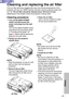 Page 5151
Others
Cleaning and replacing the air filter
If the air filter becomes clogged with dust, the internal temperature of\
 the
projector will rise, the TEMP indicator will flash and the projector pow\
er will
turn off.  The air filter should be cleaned every 100 hours of use,
depending on the location where the projector is being used.
Cleaning p rocedure
q Turn off the MAIN POWER
switch and disconnect the
power cord plug from the wall
outlet.
Turn off the MAIN POWER switch
according to the procedure...