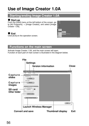 Page 5656
Use of Image Creator 1.0A
Starting/ending Image Creator 1.0A
Functions on the main screen
Start-upFrom the [Start] menu at the left bottom of the screen, go
to [All Programs] →[Image Creator], and select [Image
Creator 1.0A].
EndClick [Exit] on the operation screen.
Activate Image Creator 1.0A, and the main screen will open.
Function of each part of main screen is illustrated in the diagram below.
File
Settings
Close
Exit
Capture
slides
Capture
images
Convert and save SD card/
Other folder
Thumbnail...