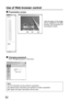 Page 5252
Click the page, so the image
will be magnified in the Web
browser and projected on
the projector screen.
Presentation screen
Changing password Click Change password in the menu.
Note:
Up to16 characters can be used for a password.
Use alphanumeric characters and symbols to create a password.
Both upper and lower case letters can be used.
Use of Web browser control 