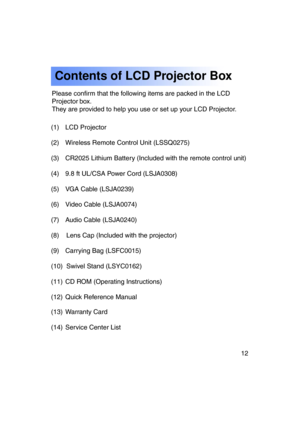 Page 1212Previous 
screen
Please confirm that the following items are packed in the LCD 
Projector box.
They are provided to help you use or set up your LCD Projector.
Contents of LCD Projector Box
(1) LCD Projector 
(2) Wireless Remote Control Unit (LSSQ0275) 
(3) CR2025 Lithium Battery (Included with the remote control unit) 
(8)    Lens Cap (Included with the projector) 
(4) 9.8 ft UL/CSA Power Cord (LSJA0308) 
(5) VGA Cable (LSJA0239) 
(7) Audio Cable (LSJA0240) 
(12) Quick Reference Manual 
(6) Video Cable...