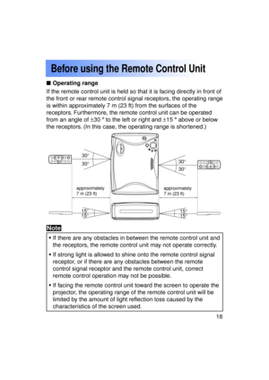 Page 1818Previous 
screen
Before using the Remote Control Unit
If the remote control unit is held so that it is facing directly in front of 
the front or rear remote control signal receptors, the operating range
is within approximately 7 m (23 ft) from the surfaces of the
receptors. Furthermore, the remote control unit can be operated
from an angle of ±30  º to the left or right and  ±15  º above or below
the receptors. (In this case, the operating range is shortened.)
• If there are any obstacles in between...