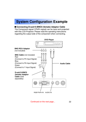 Page 2222Previous 
screen
The Component signal (YPBPR signal) can be input and projected
with this LCD Projector. Please read the operating instructions 
regarding the output side of the component when connecting.
System Configuration Example
 Connecting D-sub15-BNC5 (female) Adaptor Cable
BNC-RCA Adaptor 
(not included)
Red
(Connect to P
R Input Signal)
Blue
(Connect to P
B Input Signal)
Green
(Connect to Y Input Signal) 
D-sub15-BNC5 
(female) Adaptor
Cable  (sold
separately) Audio Cable
DVD Player
BNC Cable...