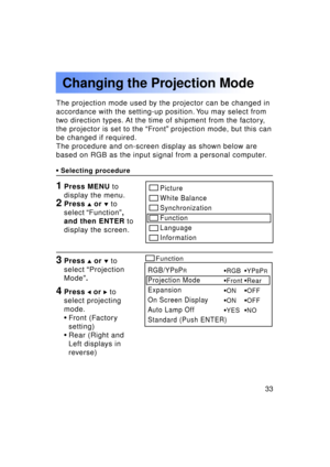 Page 3333Previous 
screen
The projection mode used by the projector can be changed in 
accordance with the setting-up position. You may select from
two direction types. At the time of shipment from the factory,
the projector is set to the “Front ” projection mode, but this can
be changed if required.
The procedure and on-screen display as shown below are
based on RGB as the input signal from a personal computer.
• Selecting procedure
1Press MENU  to
display the menu.
2Press  or   to
select  “Function ”,
and...