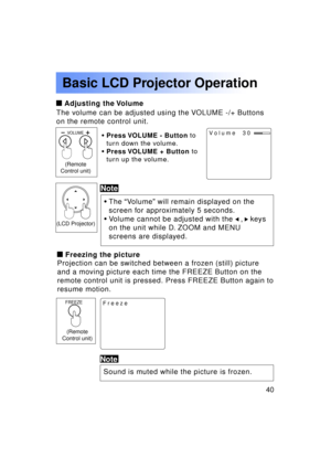Page 4040Previous 
screen
Basic LCD Projector Operation
 Adjusting the Volume
The volume can be adjusted using the VOLUME -/+ Buttons 
on the remote control unit.
• Press VOLUME - Button  to
turn down the volume.
• Press VOLUME + Button  to
turn up the volume.
• The  “Volume ” will remain displayed on the
screen for approximately 5 seconds.
• Volume cannot be adjusted with the 
 ,   keys
on the unit while D. ZOOM and MENU 
screens are displayed.
(Remote
Control unit)
Volume  30VOLUME
Note
(LCD Projector)...