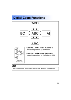 Page 6060Previous 
screen
•Use the  and  arrow Buttons  to
move the position up and down.
• Use the 
 and  arrow Buttons  to
move the position to the left and right.
Digital Zoom Functions
VOLUME
(Remote
Control unit)
Note
Position cannot be moved with arrow Buttons on the unit. 